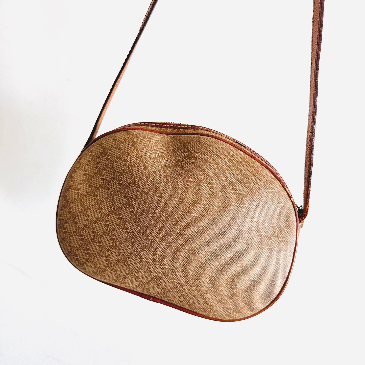 Celine Beige Triomphe Macadam Monogram Logo Oval Half Moon Vintage Shoulder Sling Bag
