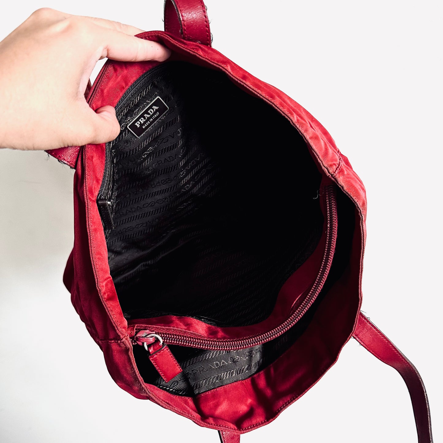 Prada Deep Maroon Red Logo Nylon & Leather Classic Wide Shopper Shoulder Tote Bag