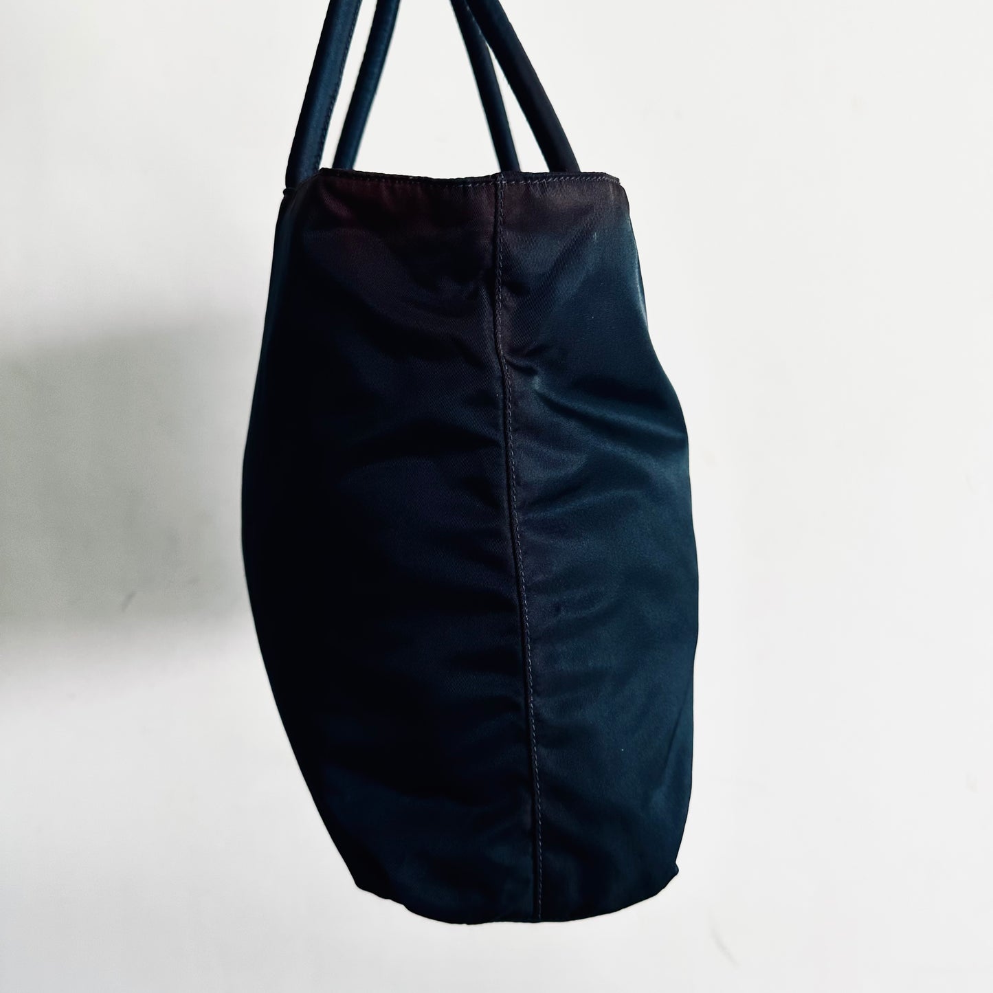 Prada Navy Blue Classic Logo Nylon Small Shopper Zip Tote Bag