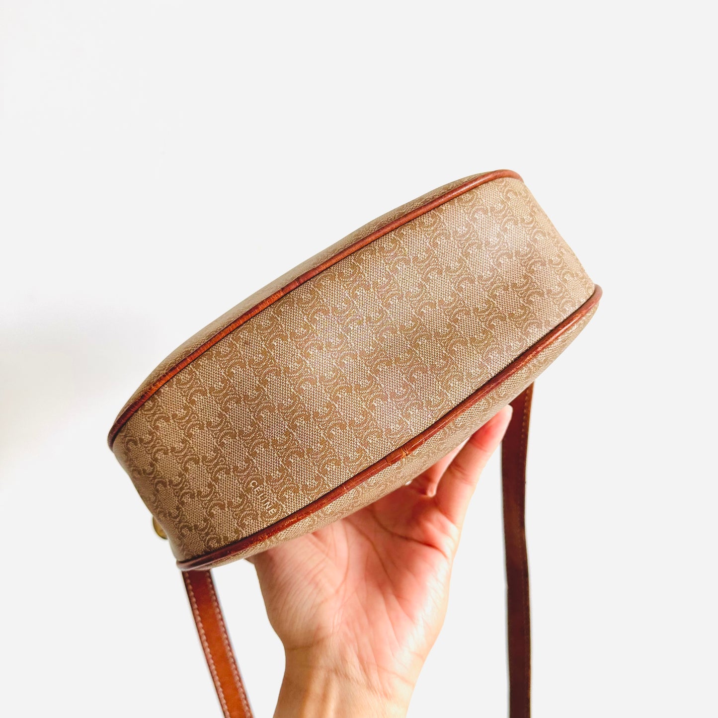 Celine Beige Triomphe Macadam Monogram Logo Oval Half Moon Vintage Shoulder Sling Bag