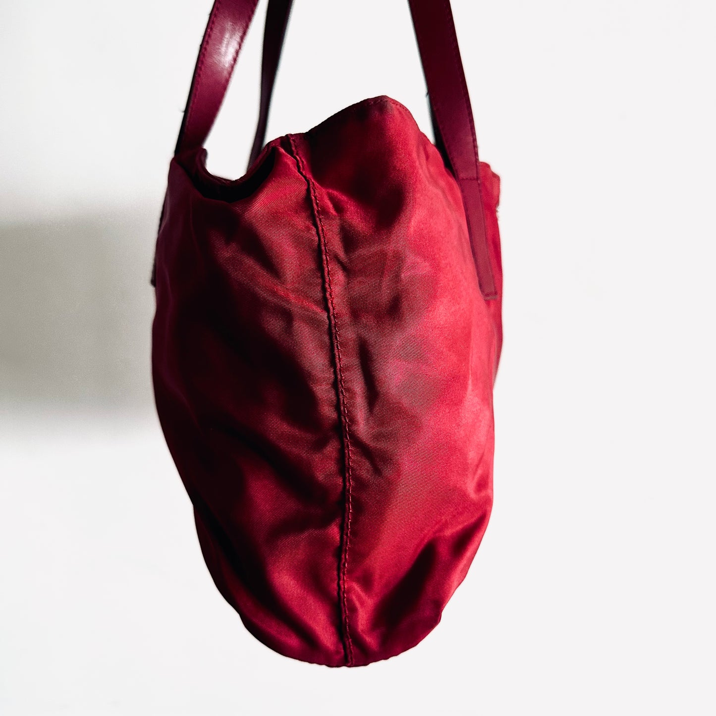 Prada Deep Maroon Red Logo Nylon & Leather Classic Wide Shopper Shoulder Tote Bag