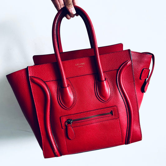 Celine Deep Rouge Red GHW Micro Luggage Logo Drummed Calfskin Top Handle Shoulder Tote Bag