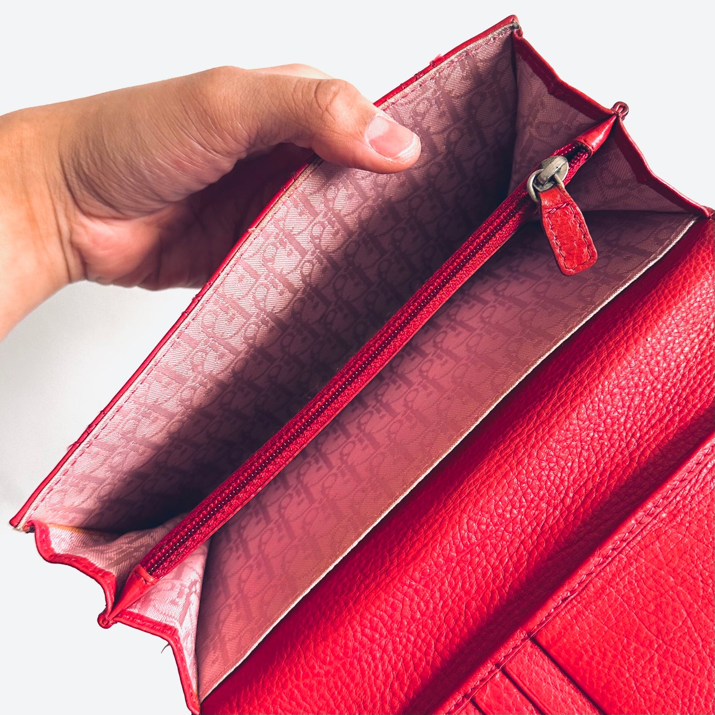 Christian Dior CD Deep Red Lady Dior Cannage Quilted Calfskin Logo Monogram Flap Long Bifold Wallet