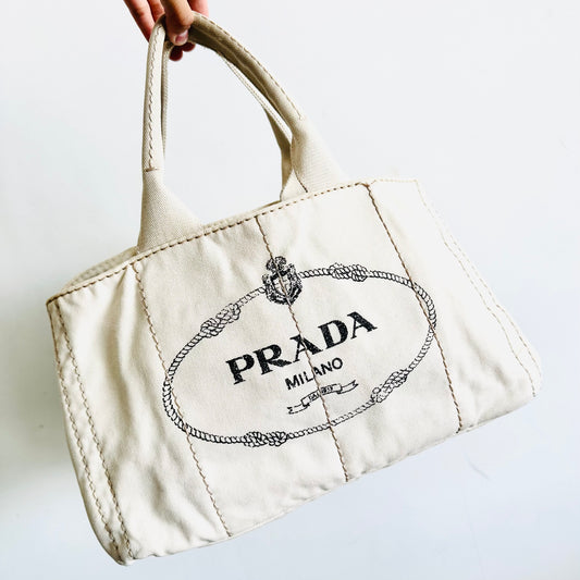 Prada White GHW Canapa Classic Logo Structured Shopper Tote Bag