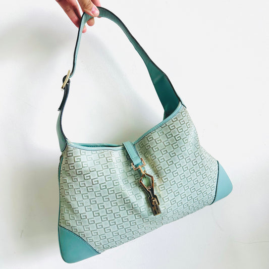 Gucci Jackie Teal GG Monogram Logo Suede & Leather Hobo Vintage Shoulder Bag