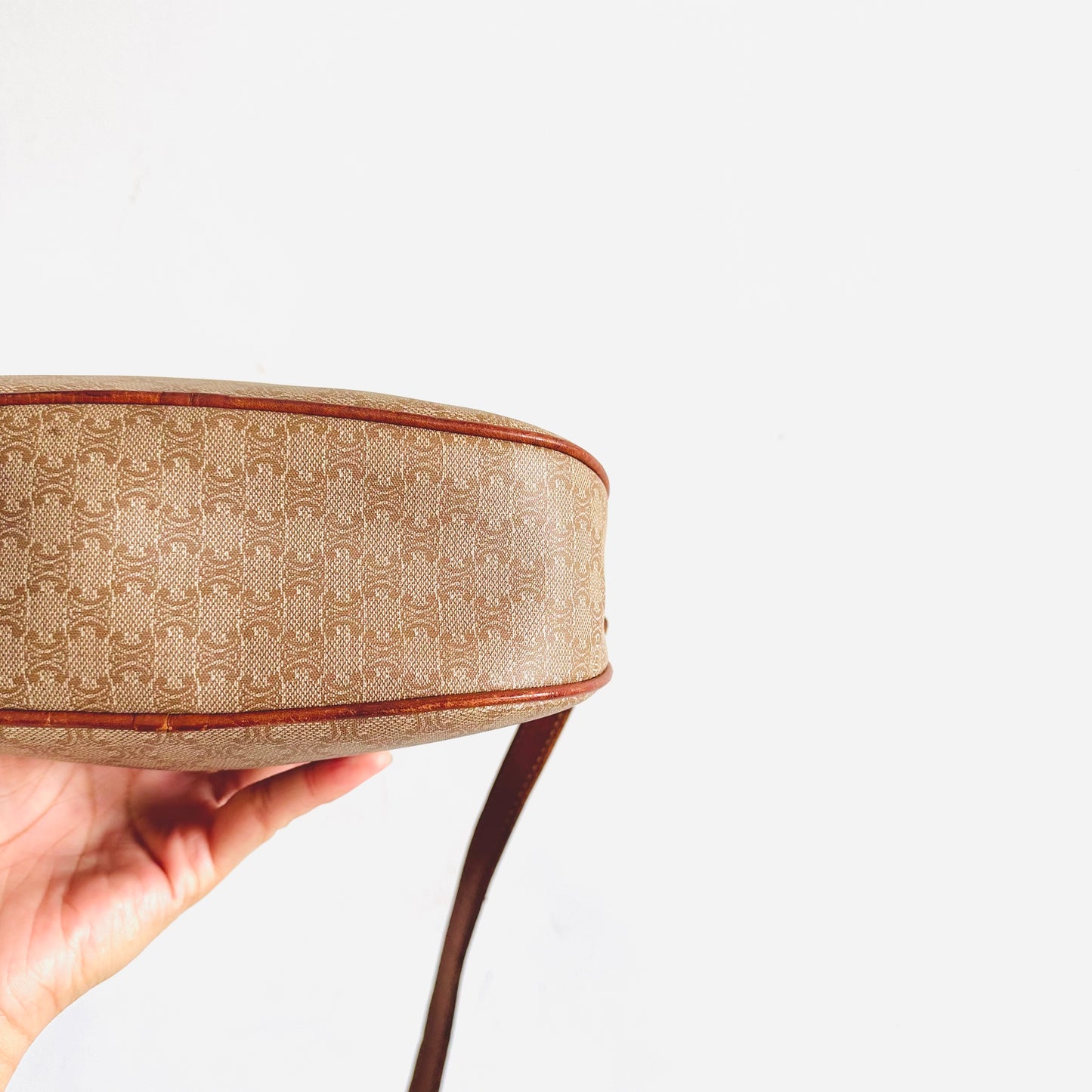 Celine Beige Triomphe Macadam Monogram Logo Oval Half Moon Vintage Shoulder Sling Bag