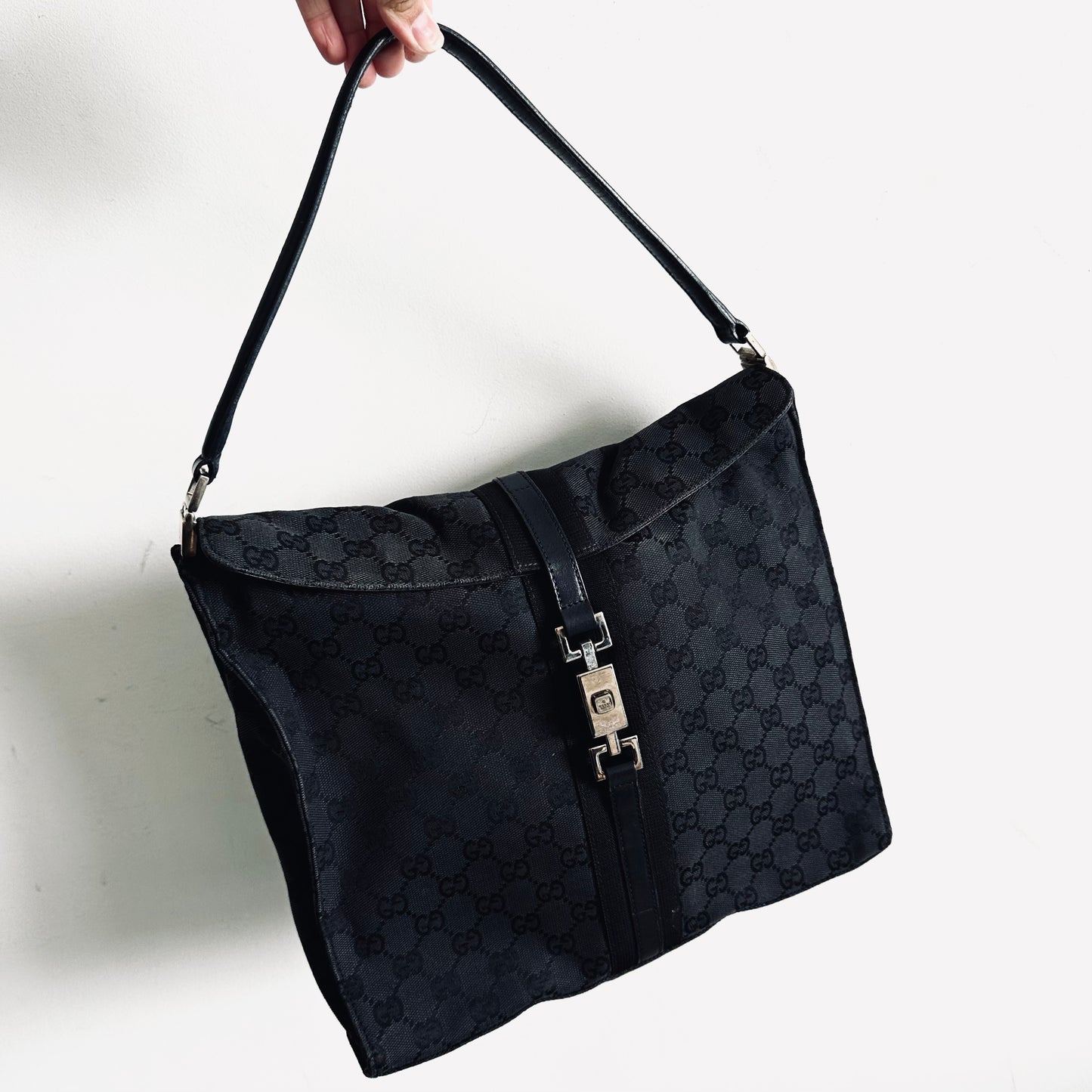 Gucci Jackie Black GG Monogram Logo Hobo Vintage Shoulder Tote Bag