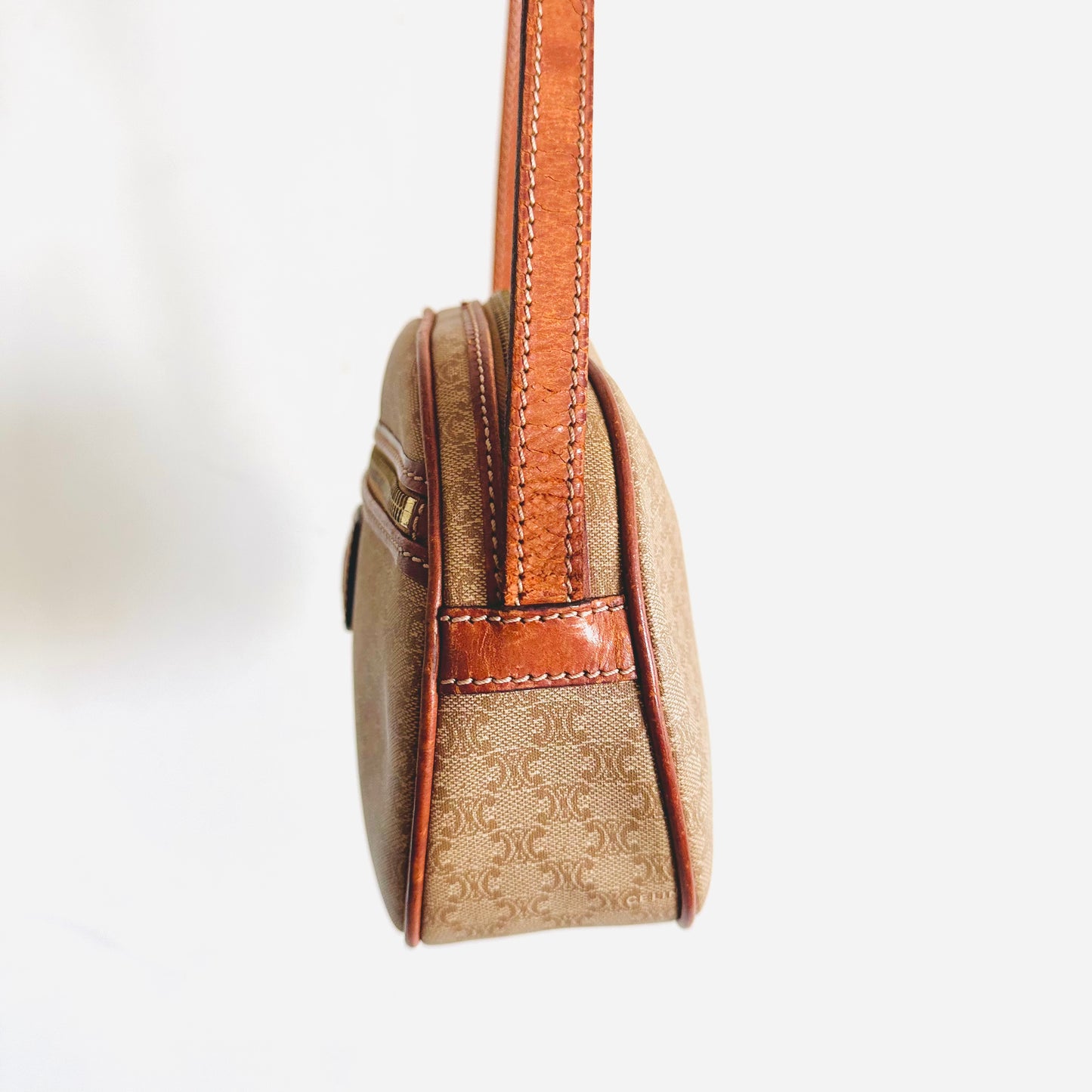 Celine Beige Triomphe Macadam Monogram Logo Oval Half Moon Vintage Shoulder Sling Bag