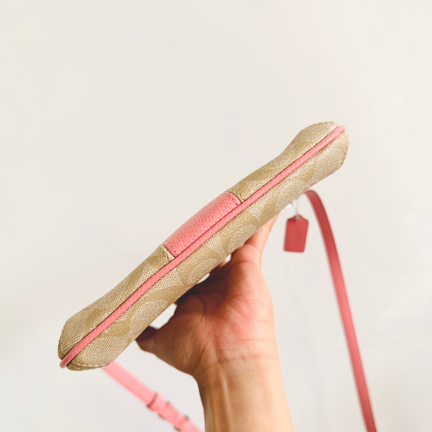 Coach Signature Monogram / Bubblegum Pink Leather North / South Shoulder Sling Bag