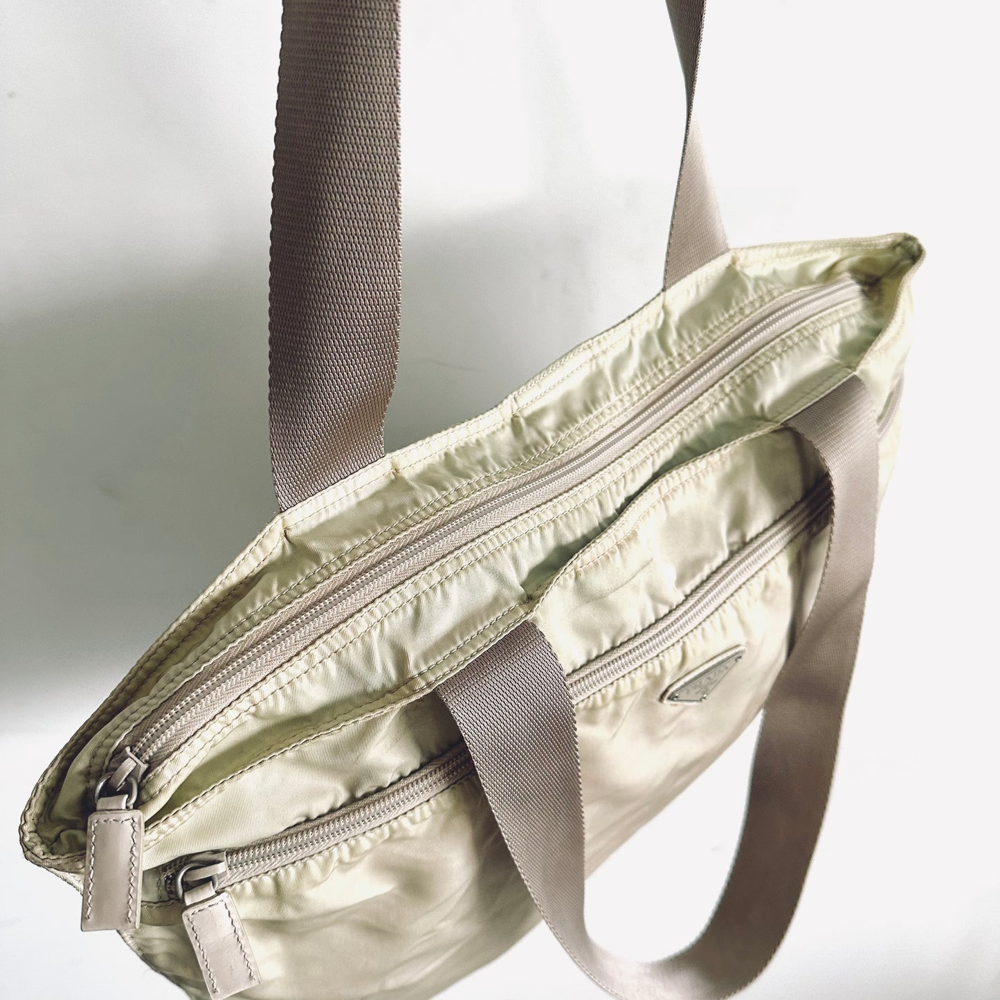 Prada Cream White Vela Classic Logo Wide Shopper Shoulder Tote Bag