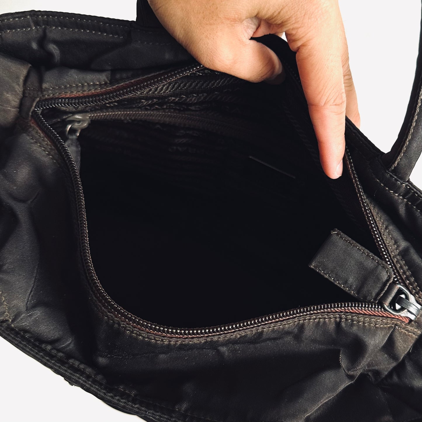 Prada Dark Brown Tessuto City Classic Logo Nylon Structured Shopper Zip Shoulder Tote Bag