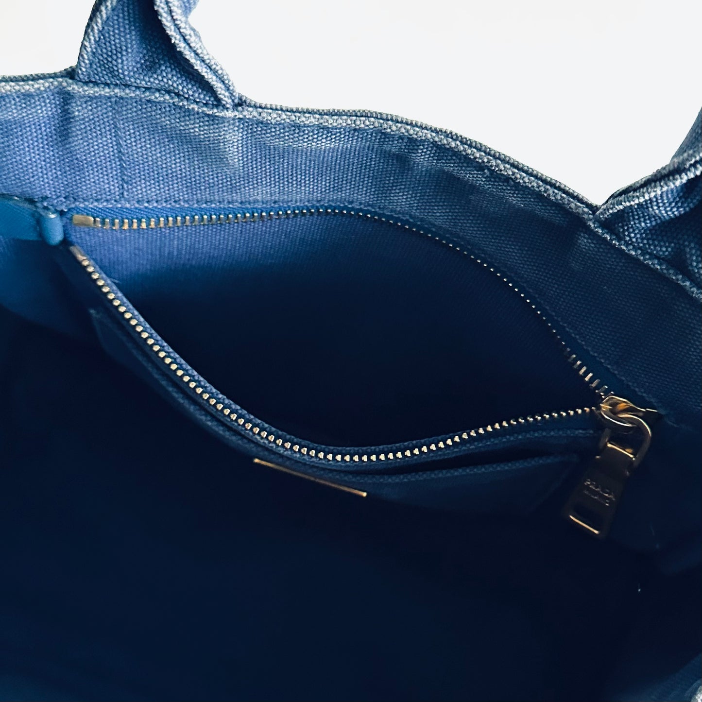 Prada Dark Blue Denim GHW Small Canapa Classic Logo Structured Shopper Tote Bag