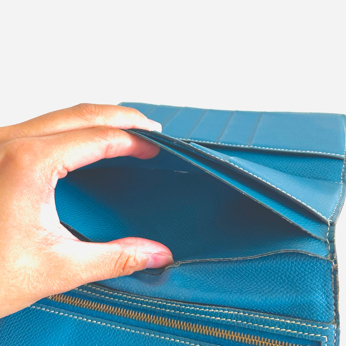 Hermes Bearn Blue Bleu Jean GHW H Logo Epsom Grained Leather Trifold Flap Long Wallet
