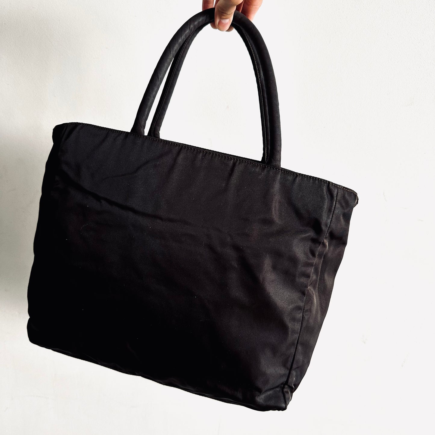 Prada Dark Brown Tessuto City Classic Logo Nylon Structured Shopper Zip Shoulder Tote Bag