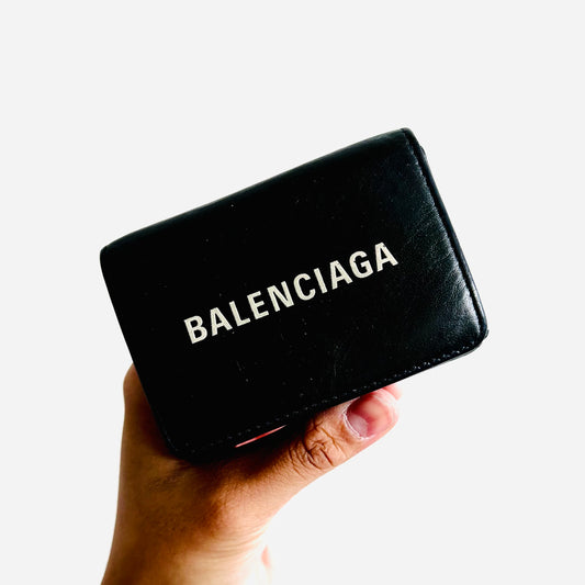 Balenciaga Black Leather Classic Motif Monogram Logo Flap Trifold Compact Wallet