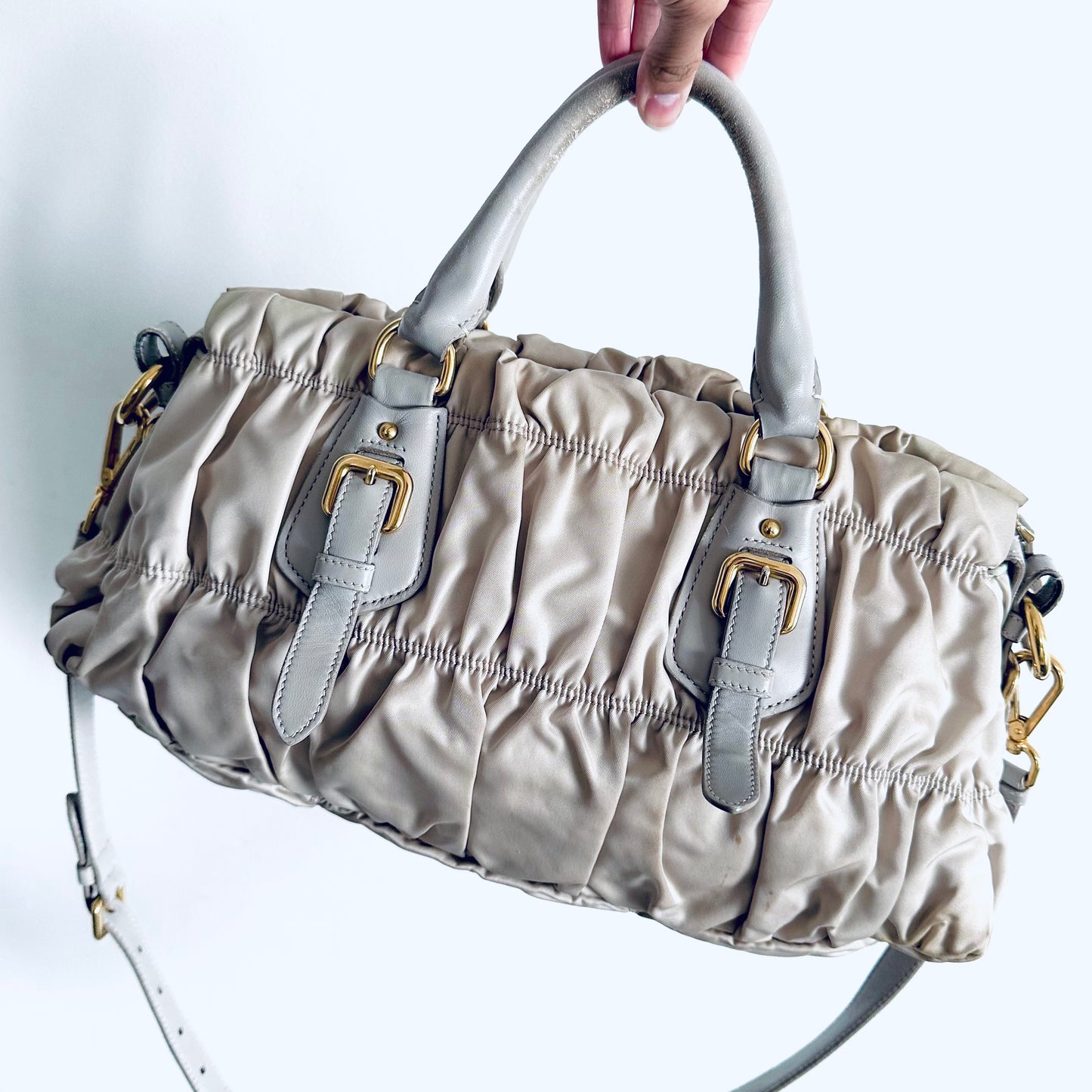 Prada Glacier Blue GHW Gaufre Tessuto Ruched Classic Logo Nylon & Leather 2-Way Shoulder Sling Shopper Tote Bag