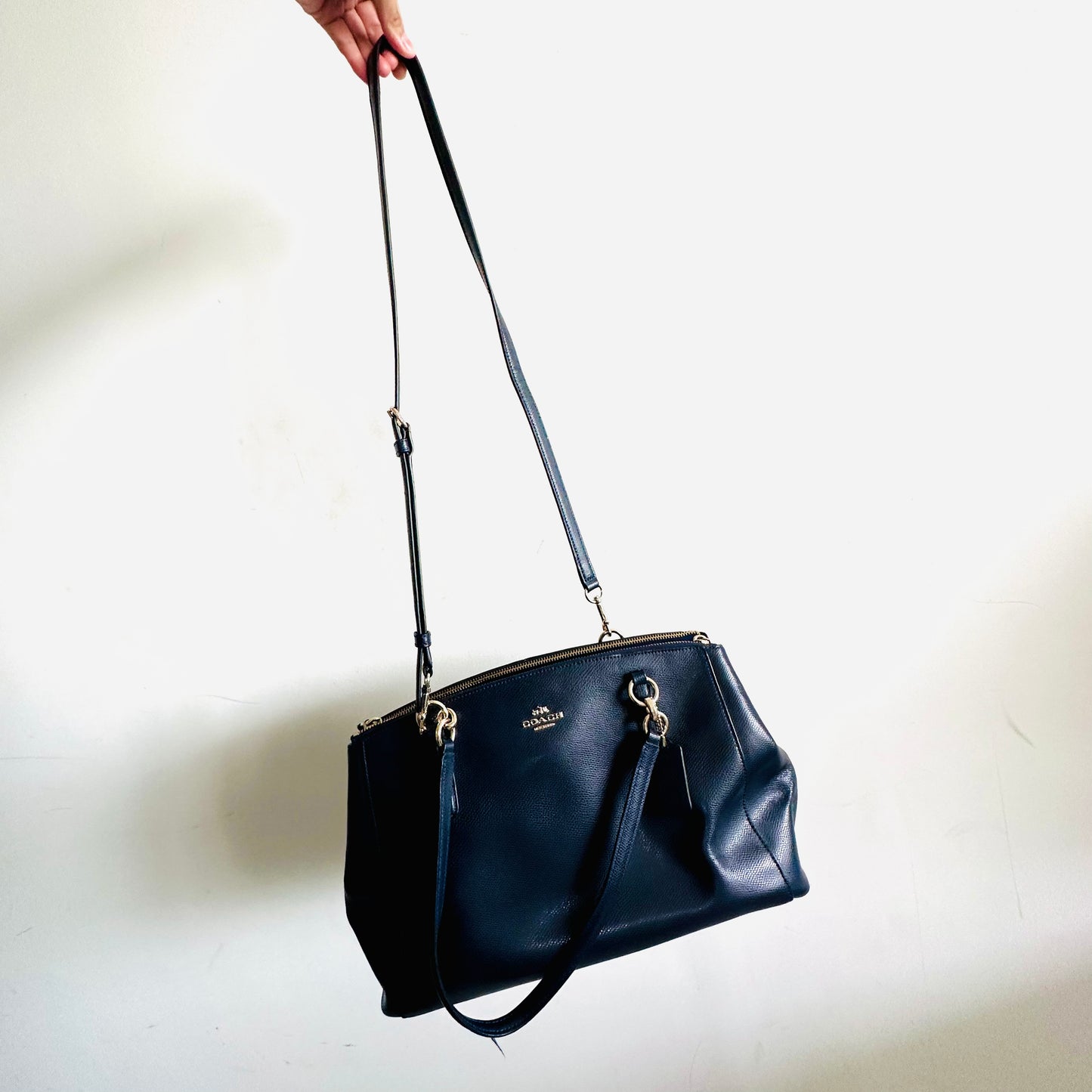 Coach Navy Blue GHW Christie Satchel Carryall 2-Way Top Handle Shoulder Sling Crossgrain Leather Tote Bag