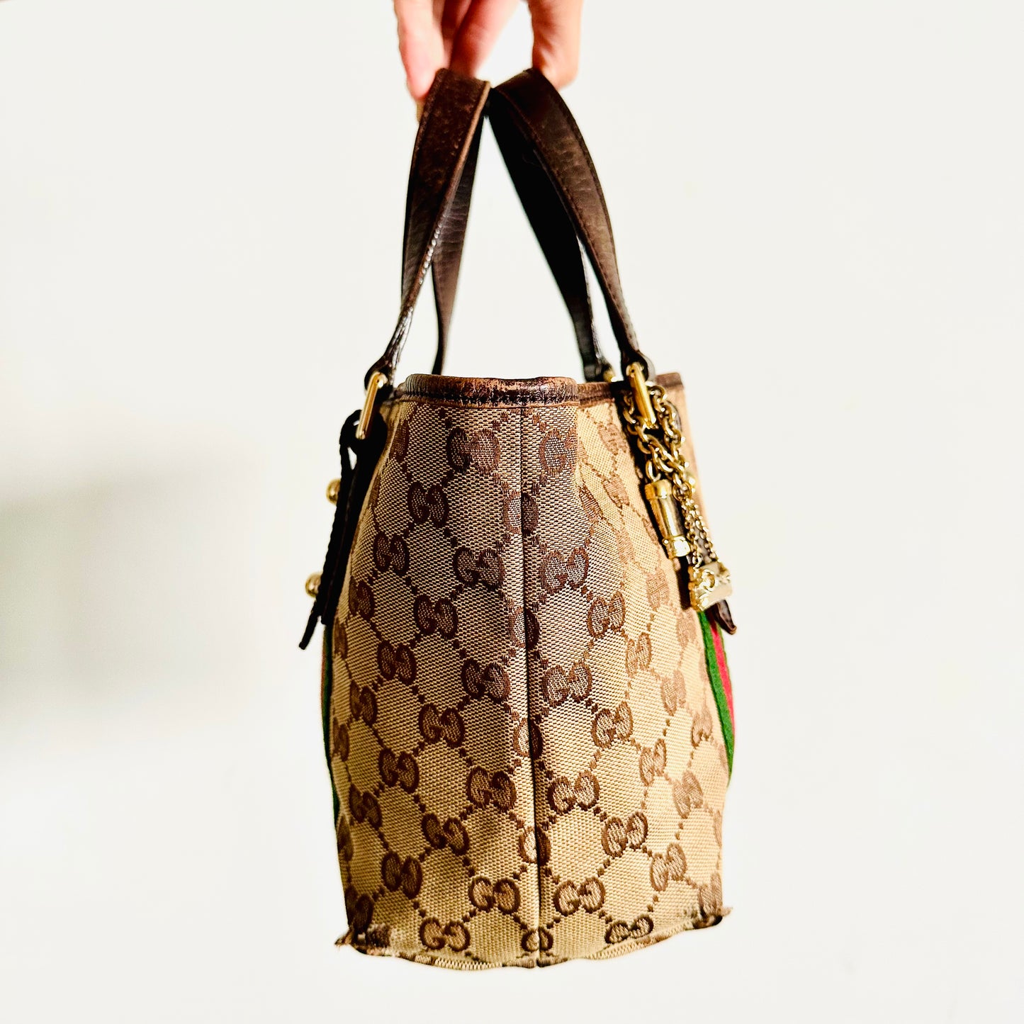 Gucci Beige GG Monogram Logo Sherry Charms Small Shoulder Tote Bag
