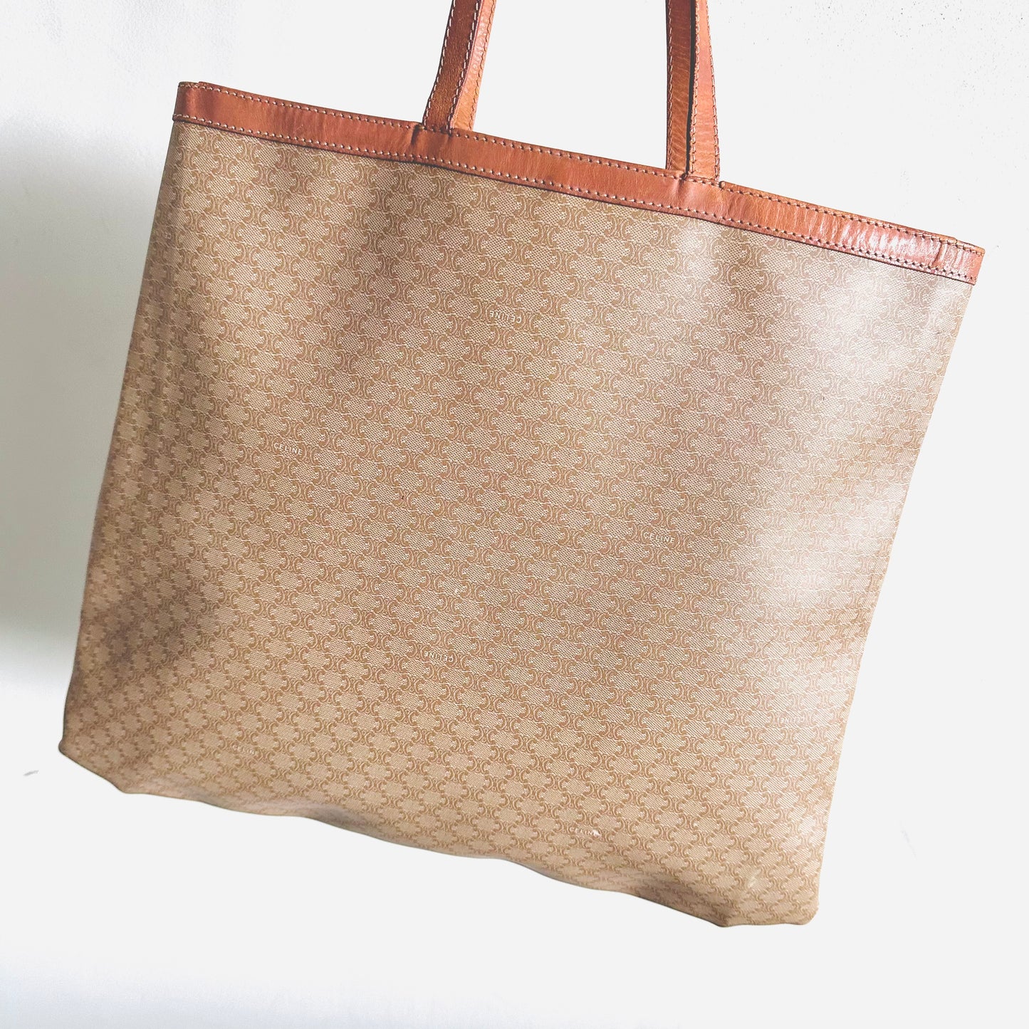 Celine Beige Triomphe Macadam Monogram Logo Vintage Shoulder Tote Bag