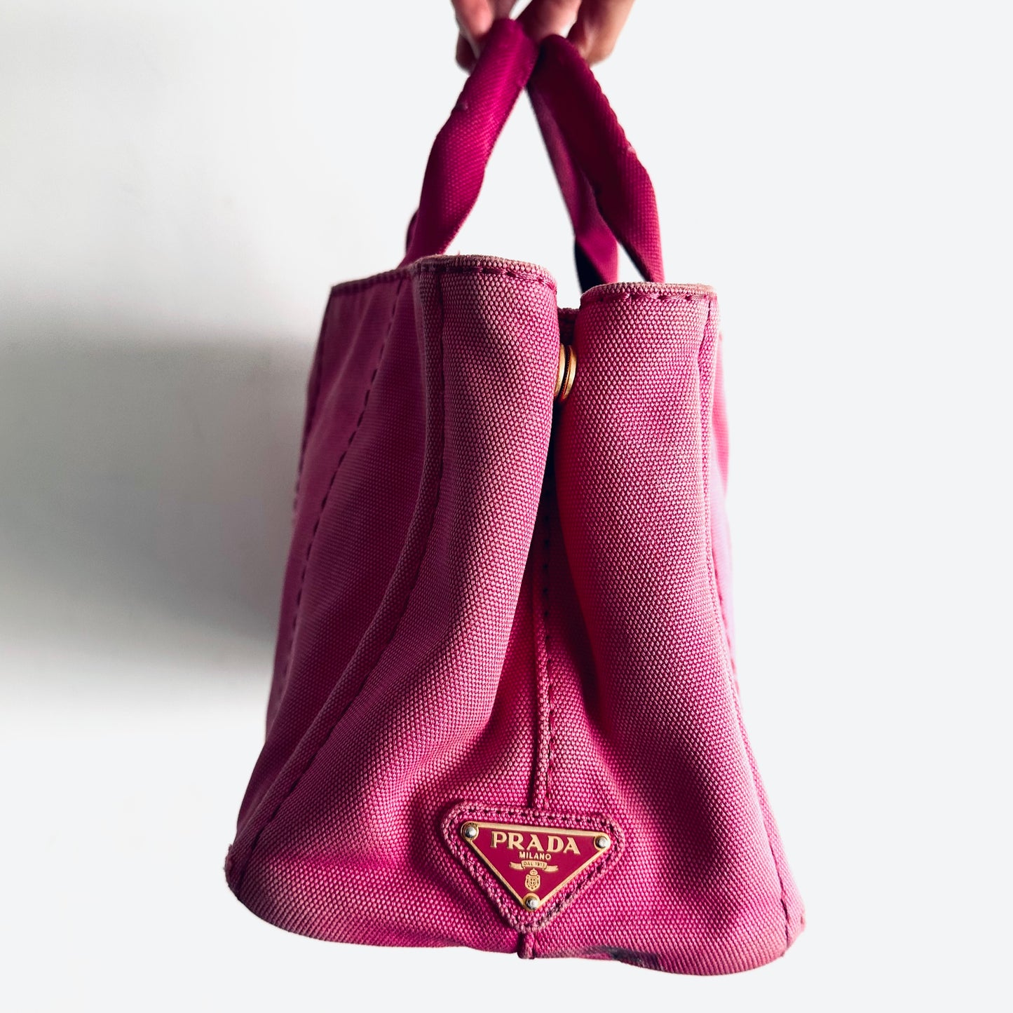 Prada Pink GHW Canapa Classic Logo Small Structured 2-Way Shopper Shoulder Sling Tote Bag