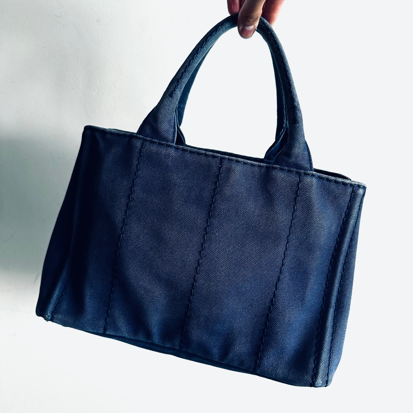 Prada Dark Blue Denim GHW Small Canapa Classic Logo Structured Shopper Tote Bag