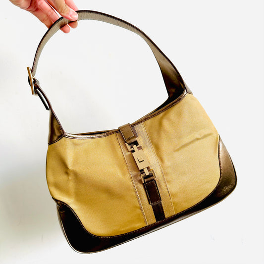 Gucci Jackie Brown / Gold GHW Monogram Logo Web Striped Vintage Hobo Shoulder Bag