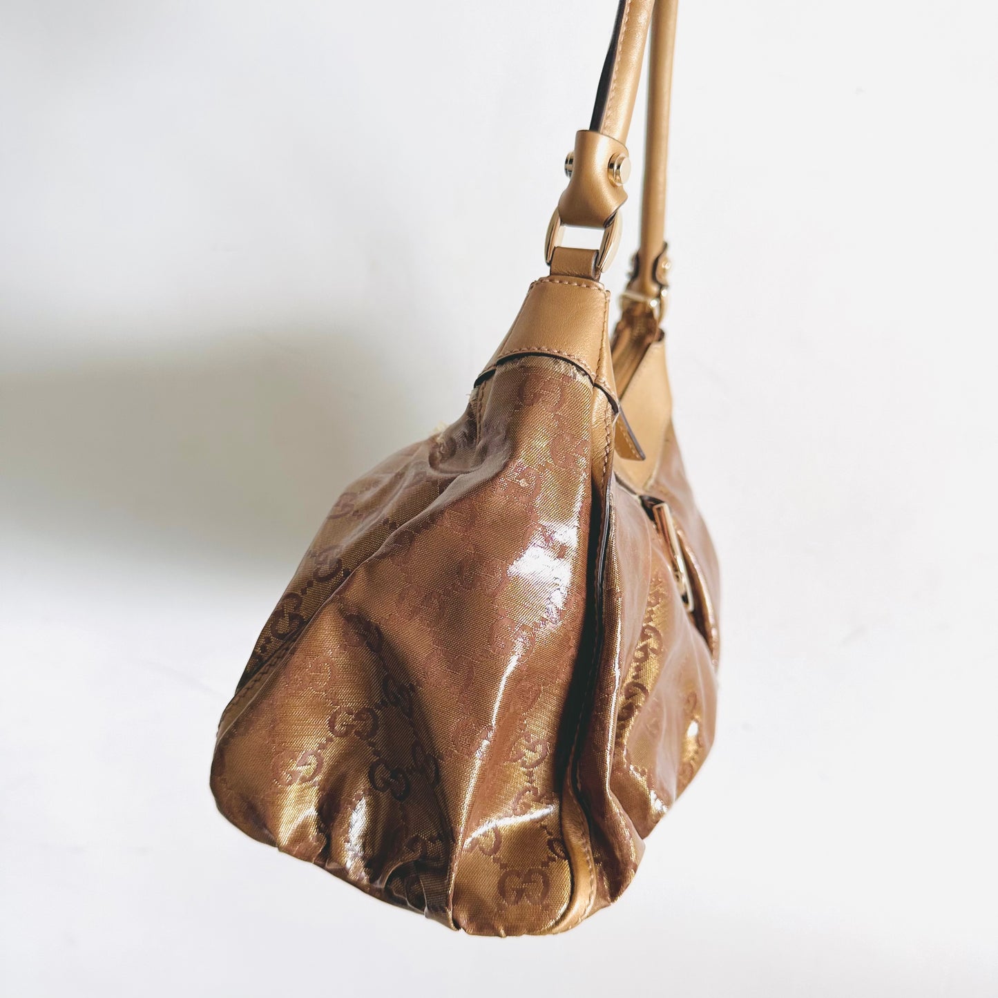 Gucci Abbey Dark Brown Beige GG Monogram Logo Hobo Baguette Shoulder Bag