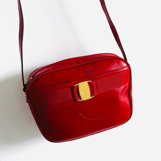 Salvatore Ferragamo Vara Bow Deep Red GHW Logo Smooth Leather Camera Shoulder Sling Bag