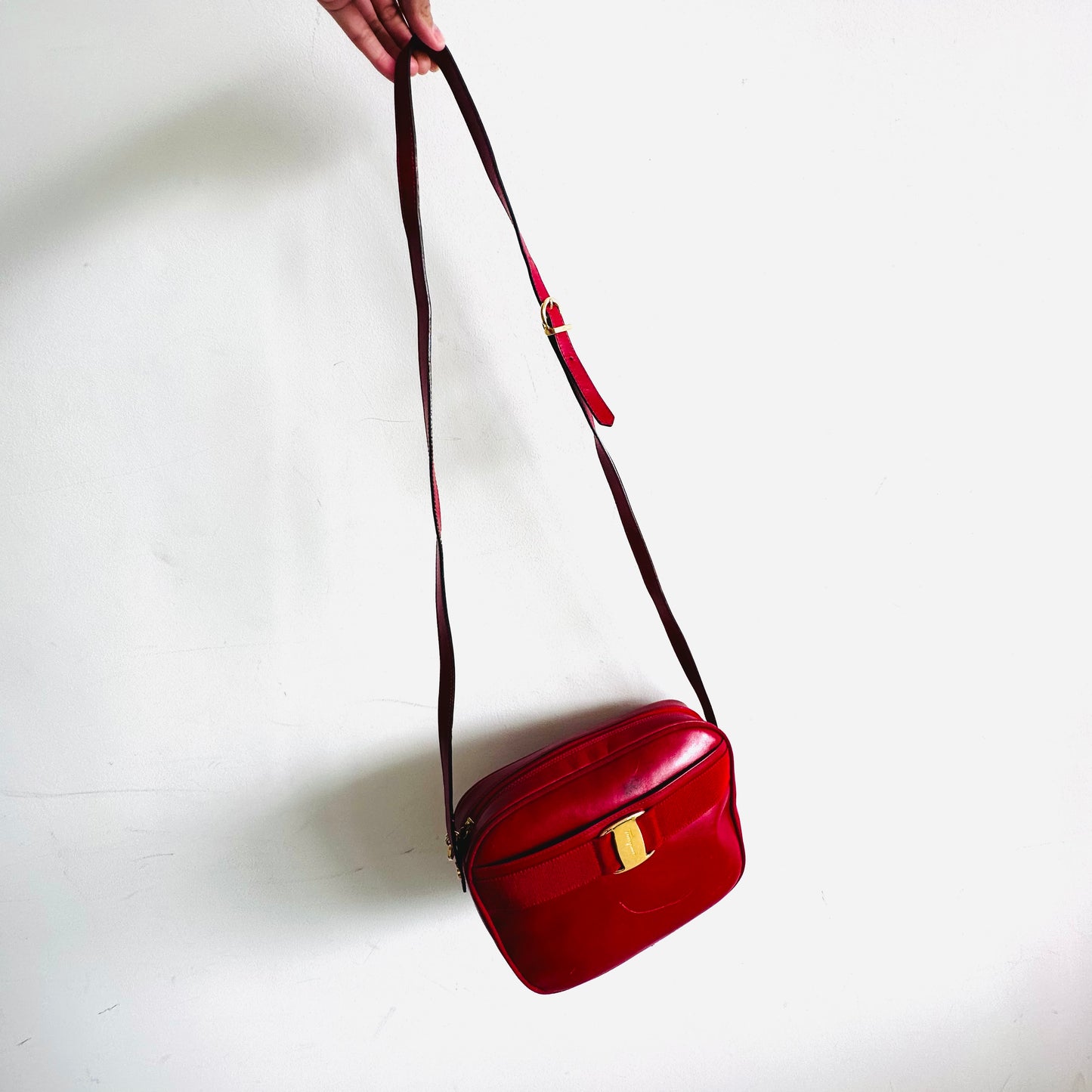 Salvatore Ferragamo Vara Bow Deep Red GHW Logo Smooth Leather Camera Shoulder Sling Bag
