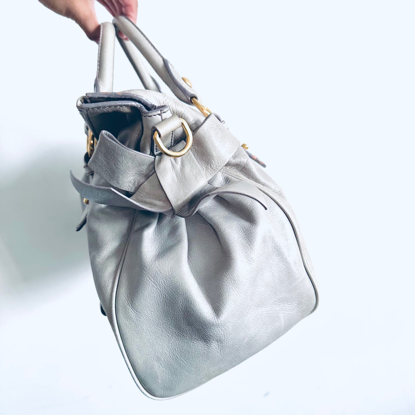 Miu Miu Glacier Blue GHW Bow Vitello Lux Classic Logo Shopper Shoulder Sling Tote Bag
