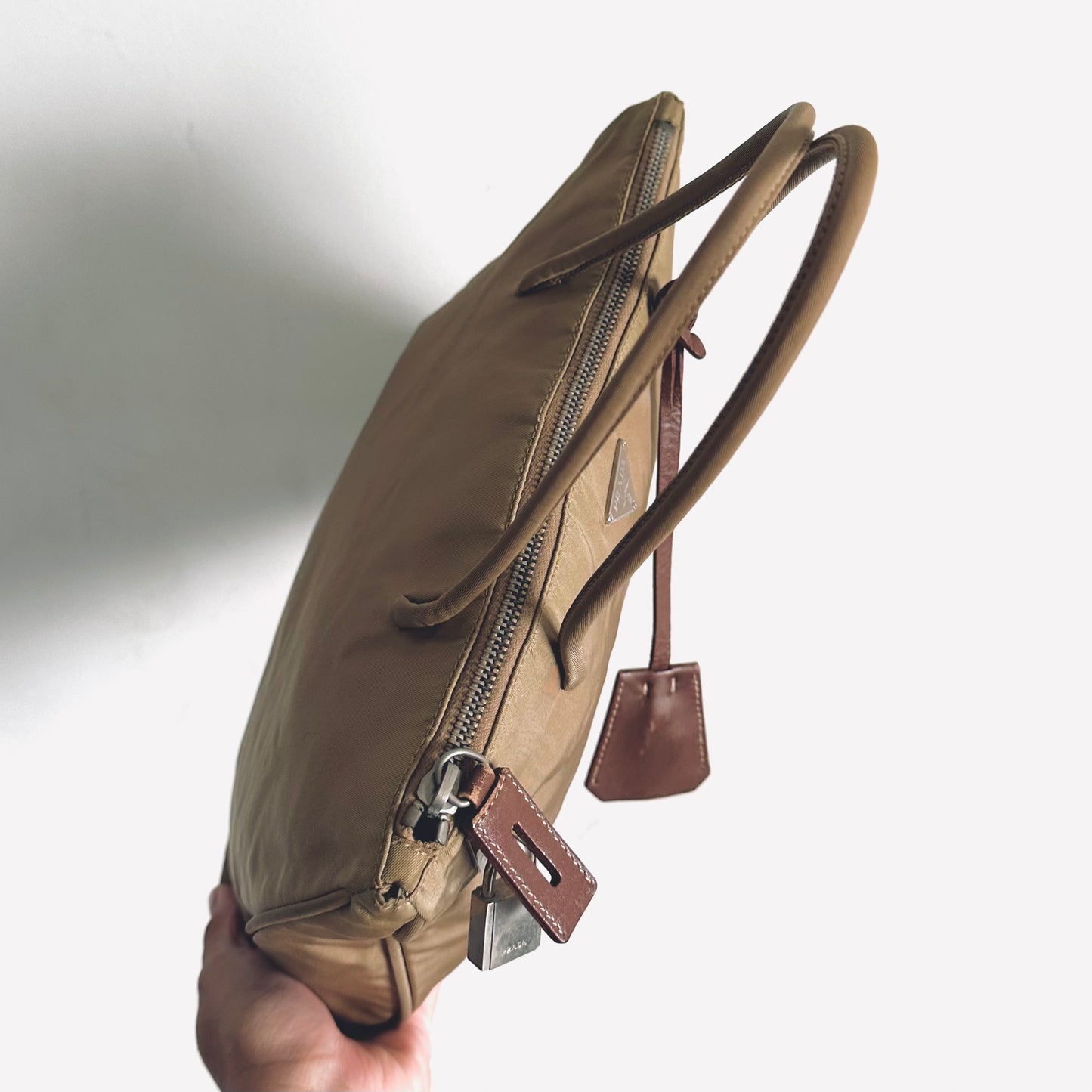 Prada Khaki Beige Tessuto Sport Classic Logo Nylon Shoulder Zip Tote Bag