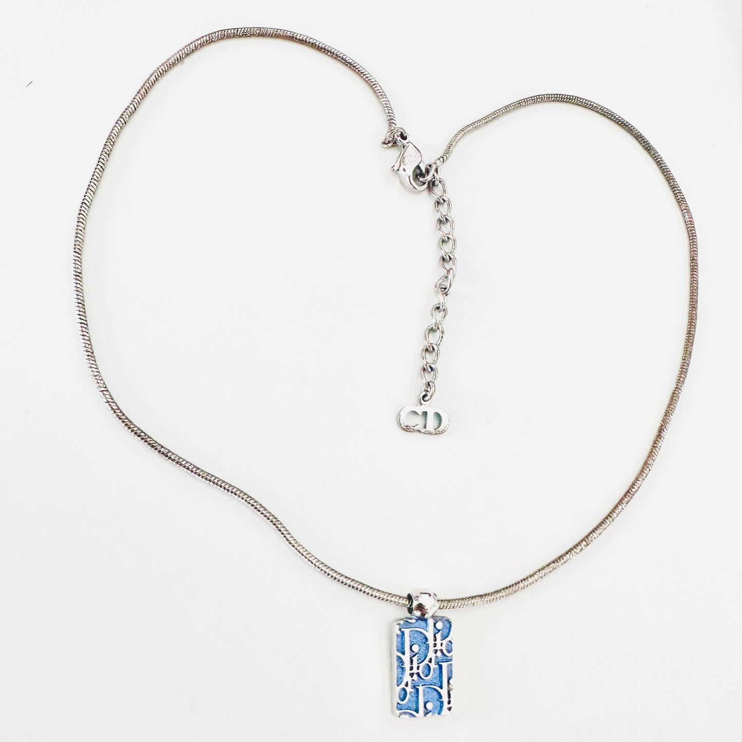 Christian Dior CD Oblique Monogram Logo Blue and Silver Trotter Signature Classic Pendant Vintage Necklace