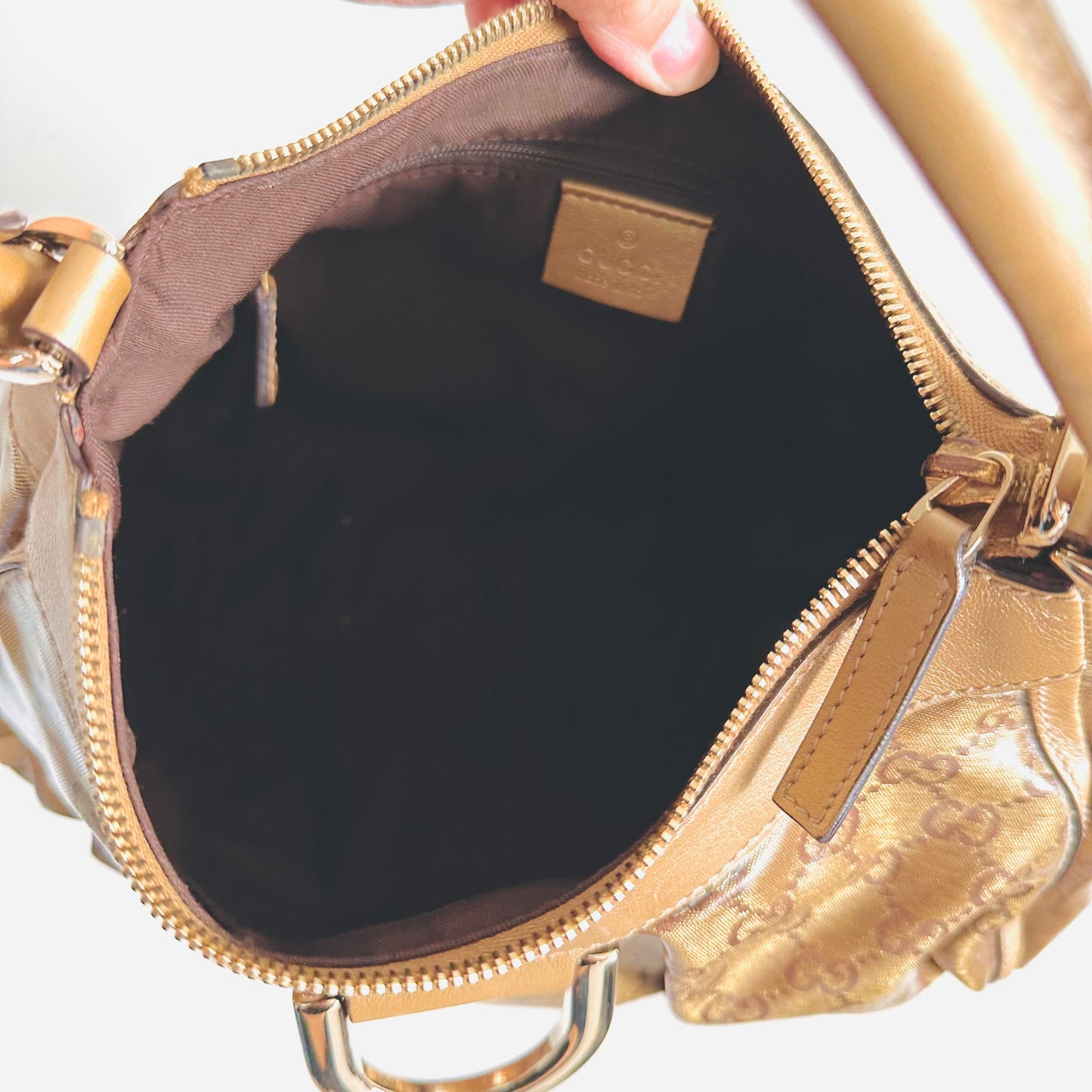 Gucci Abbey Dark Brown Beige GG Monogram Logo Hobo Baguette Shoulder Bag