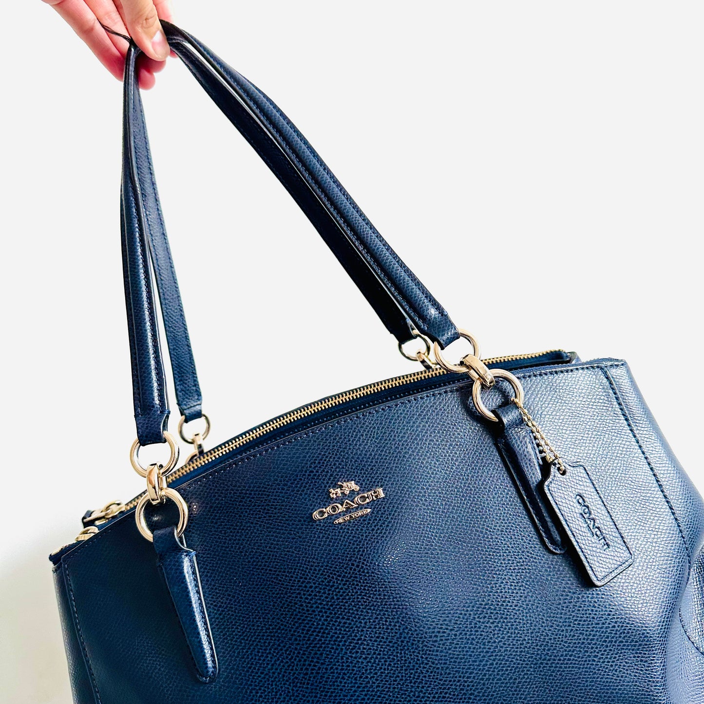 Coach Navy Blue GHW Christie Satchel Carryall 2-Way Top Handle Shoulder Sling Crossgrain Leather Tote Bag