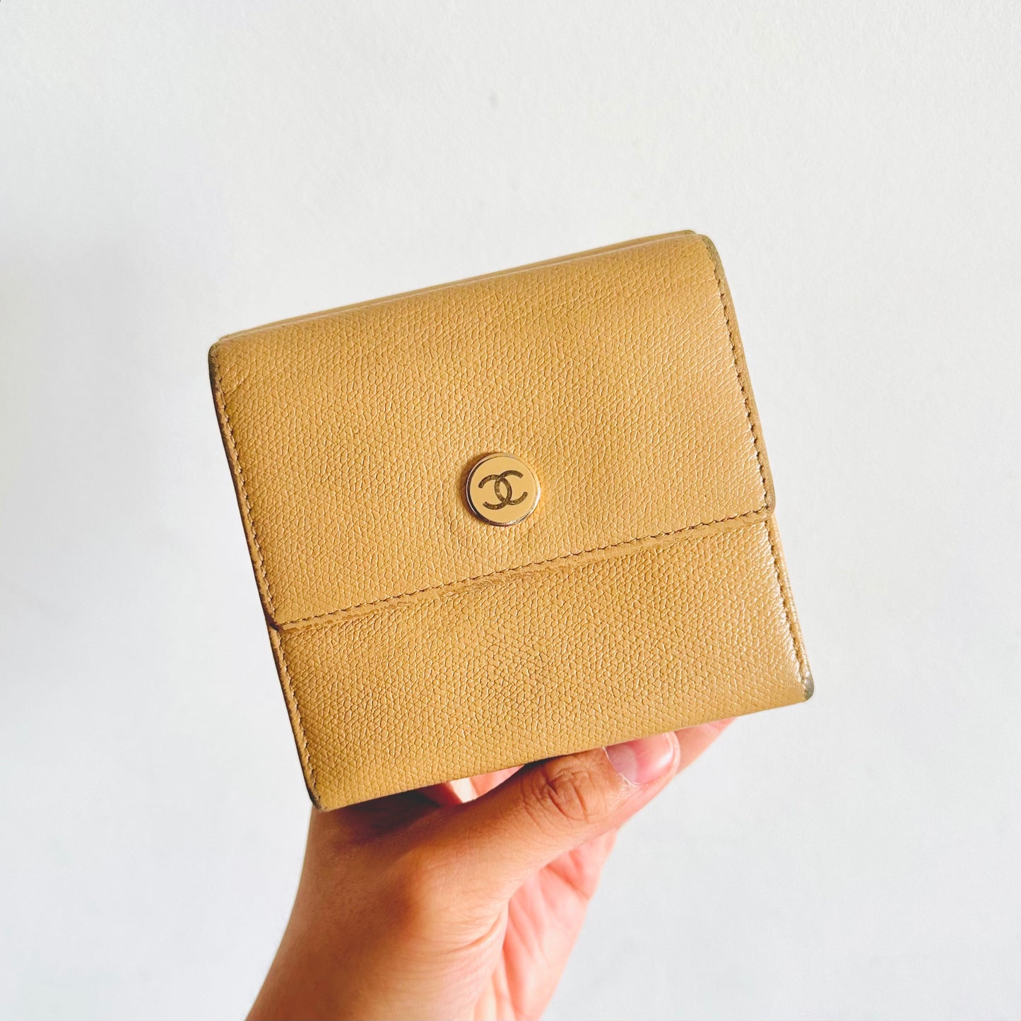Chanel Beige GHW CC Logo Vintage Compact Trifold Flap Wallet