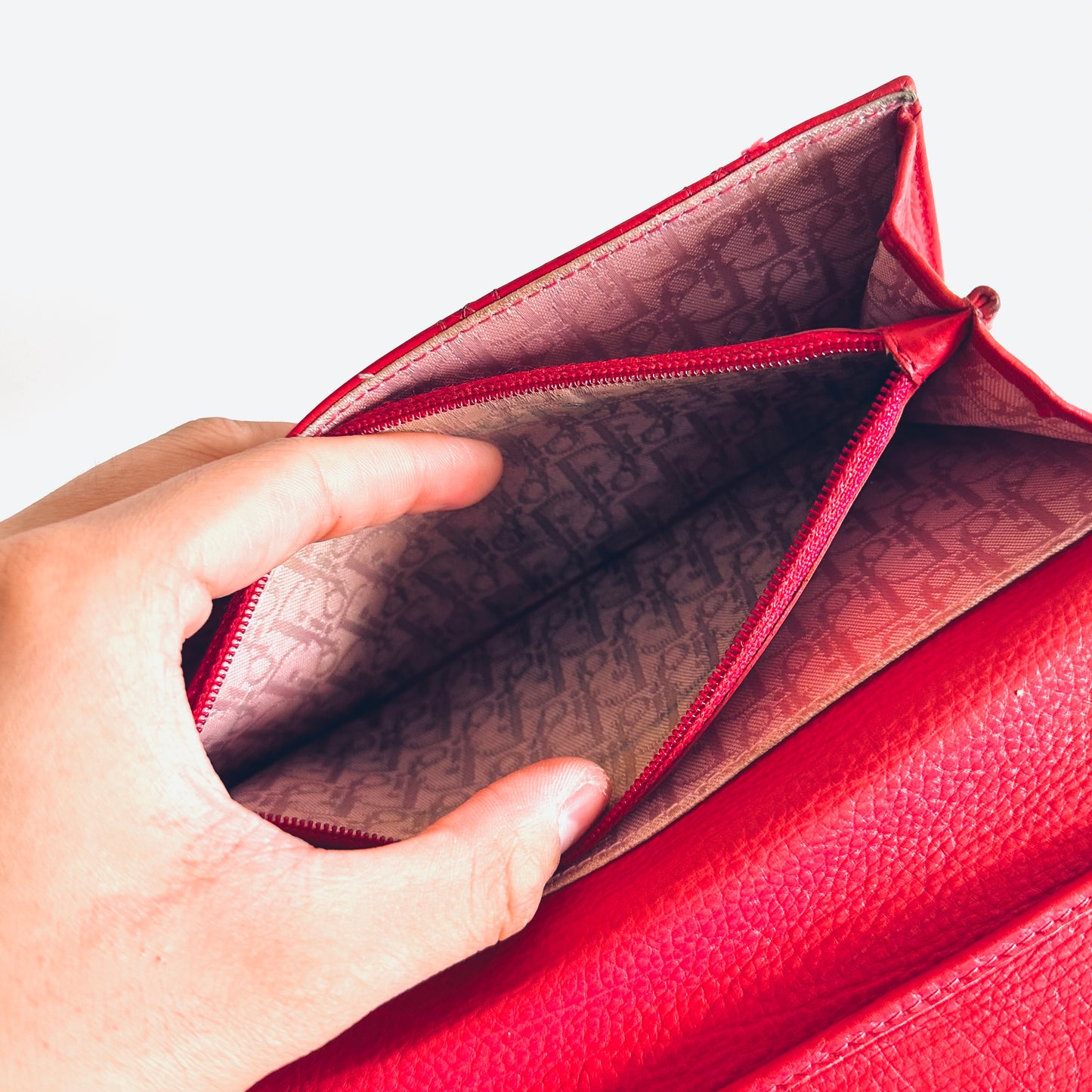 Christian Dior CD Deep Red Lady Dior Cannage Quilted Calfskin Logo Monogram Flap Long Bifold Wallet