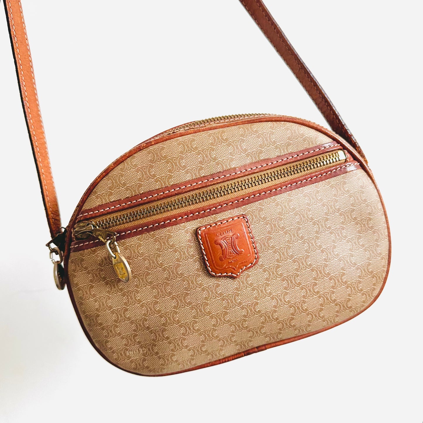 Celine Beige Triomphe Macadam Monogram Logo Oval Half Moon Vintage Shoulder Sling Bag