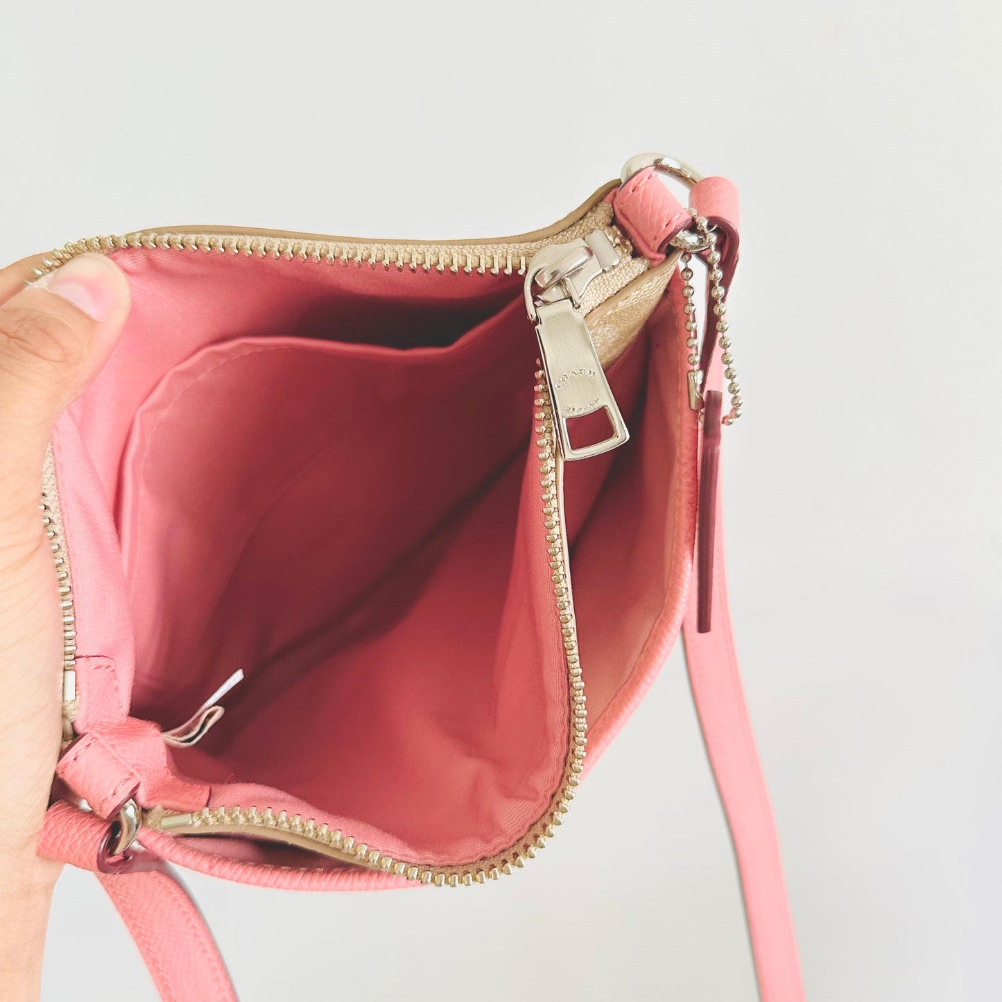 Coach Signature Monogram / Bubblegum Pink Leather North / South Shoulder Sling Bag