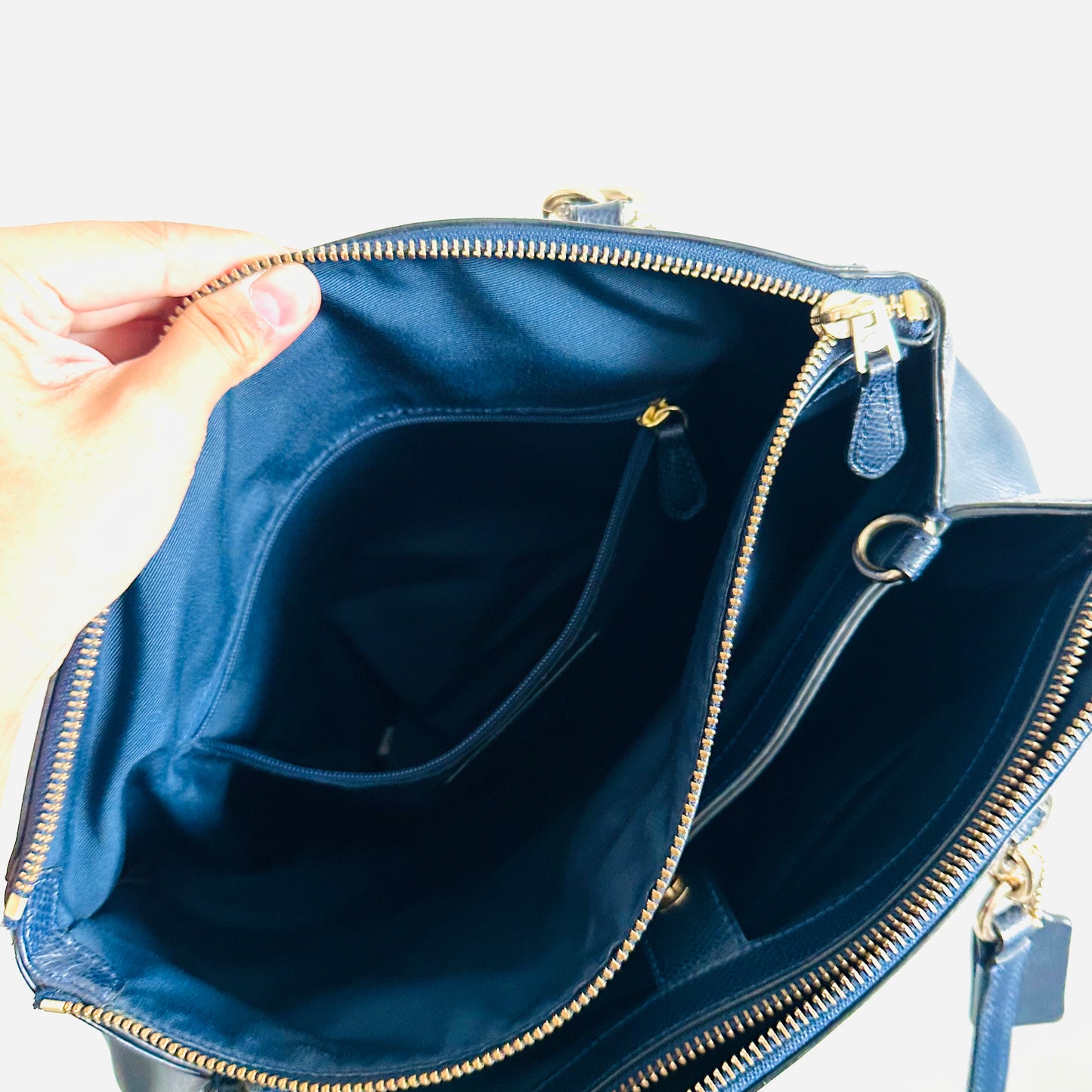Coach Navy Blue GHW Christie Satchel Carryall 2-Way Top Handle Shoulder Sling Crossgrain Leather Tote Bag