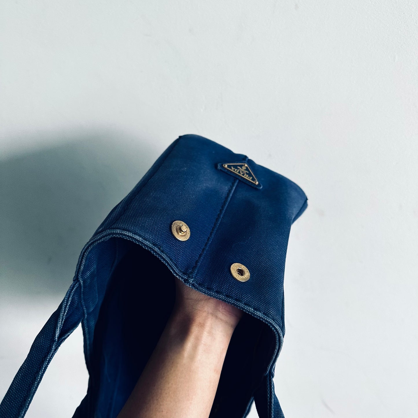 Prada Dark Blue Denim GHW Small Canapa Classic Logo Structured Shopper Tote Bag