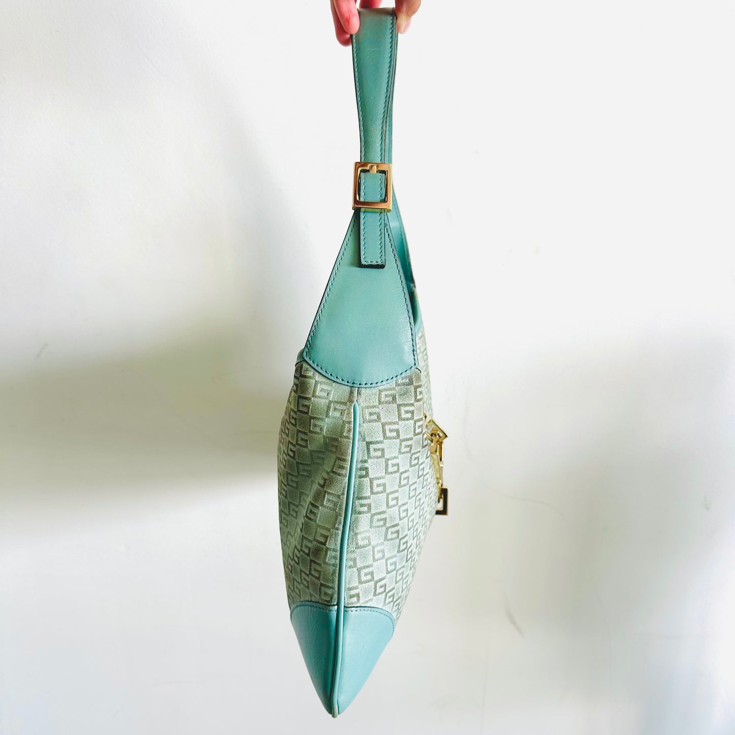 Gucci Jackie Teal GG Monogram Logo Suede & Leather Hobo Vintage Shoulder Bag
