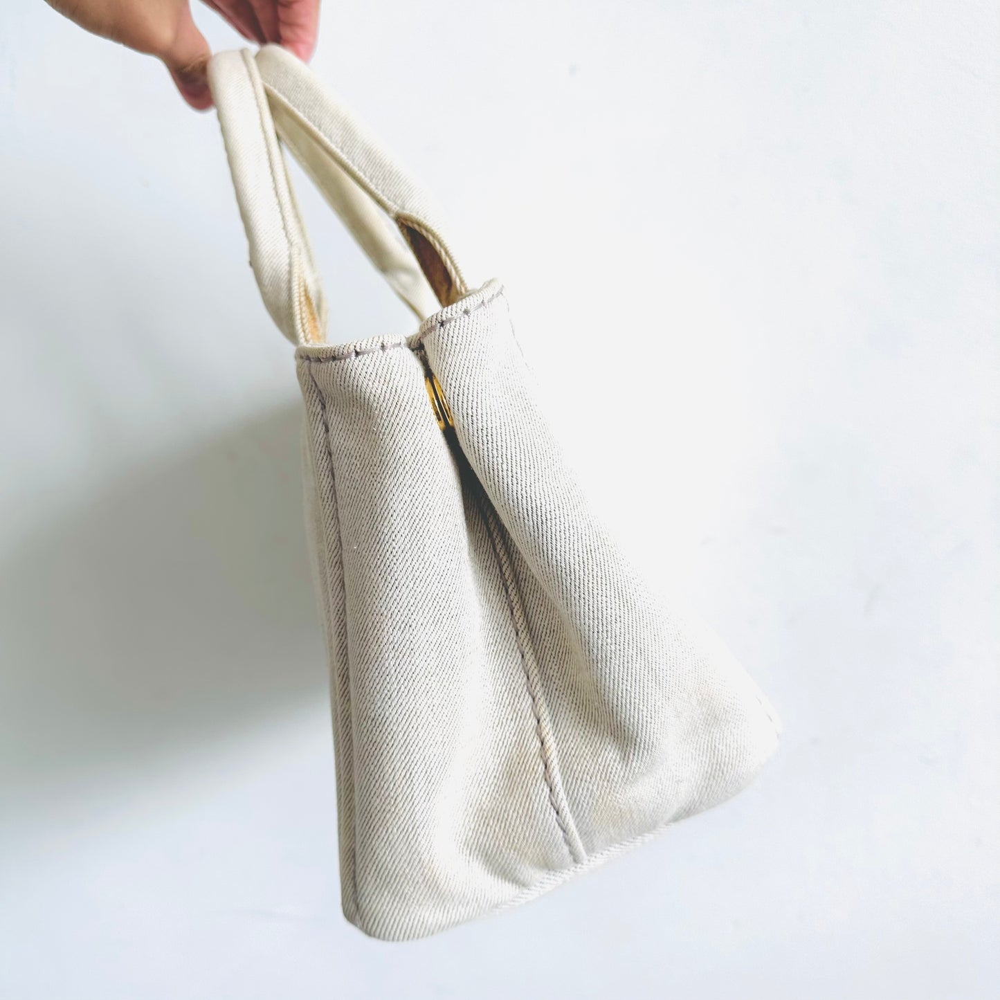Prada Off White Canapa Small Classic Logo Structured Shopper Tote Bag