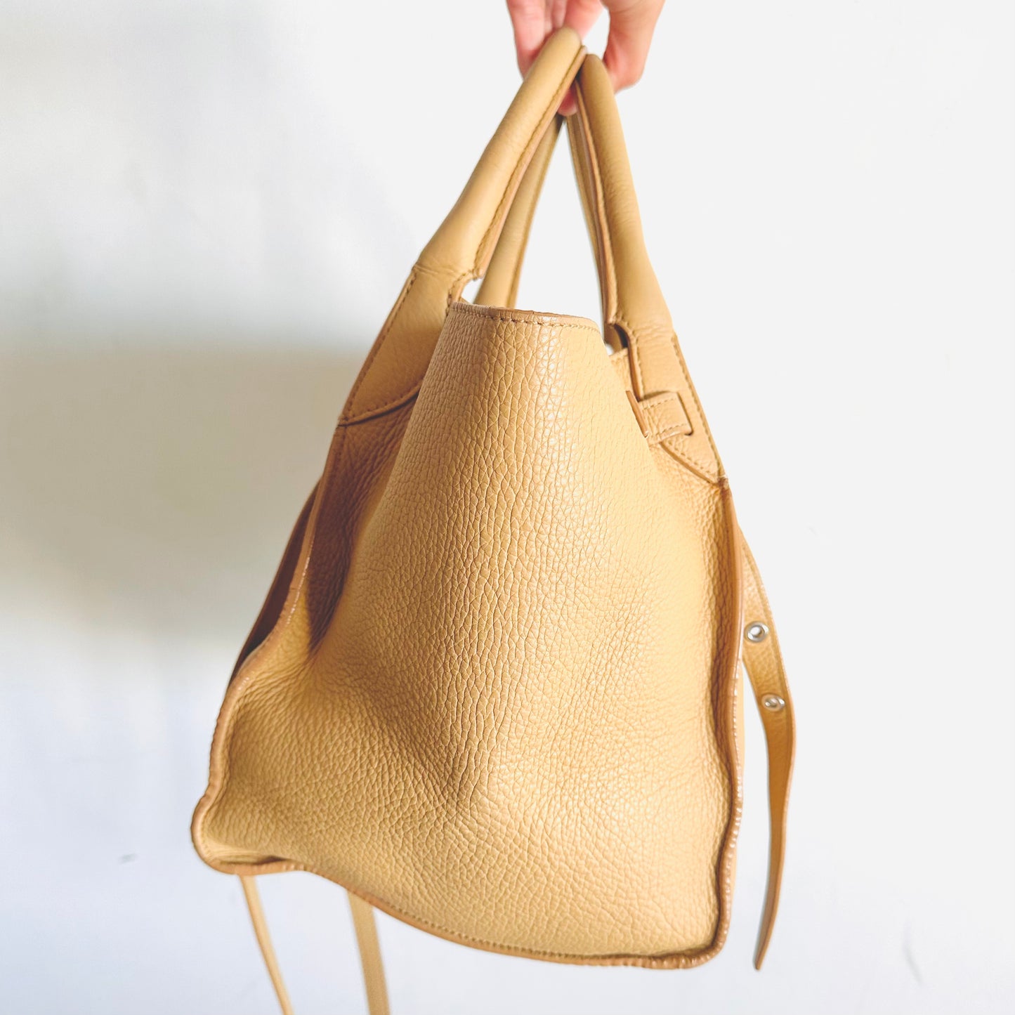 Celine Sand Taupe Beige Small Big Bag With Long Strap Top Handle Shoulder Sling Belt Tote Bag In Supple Grained Calfskin Leather
