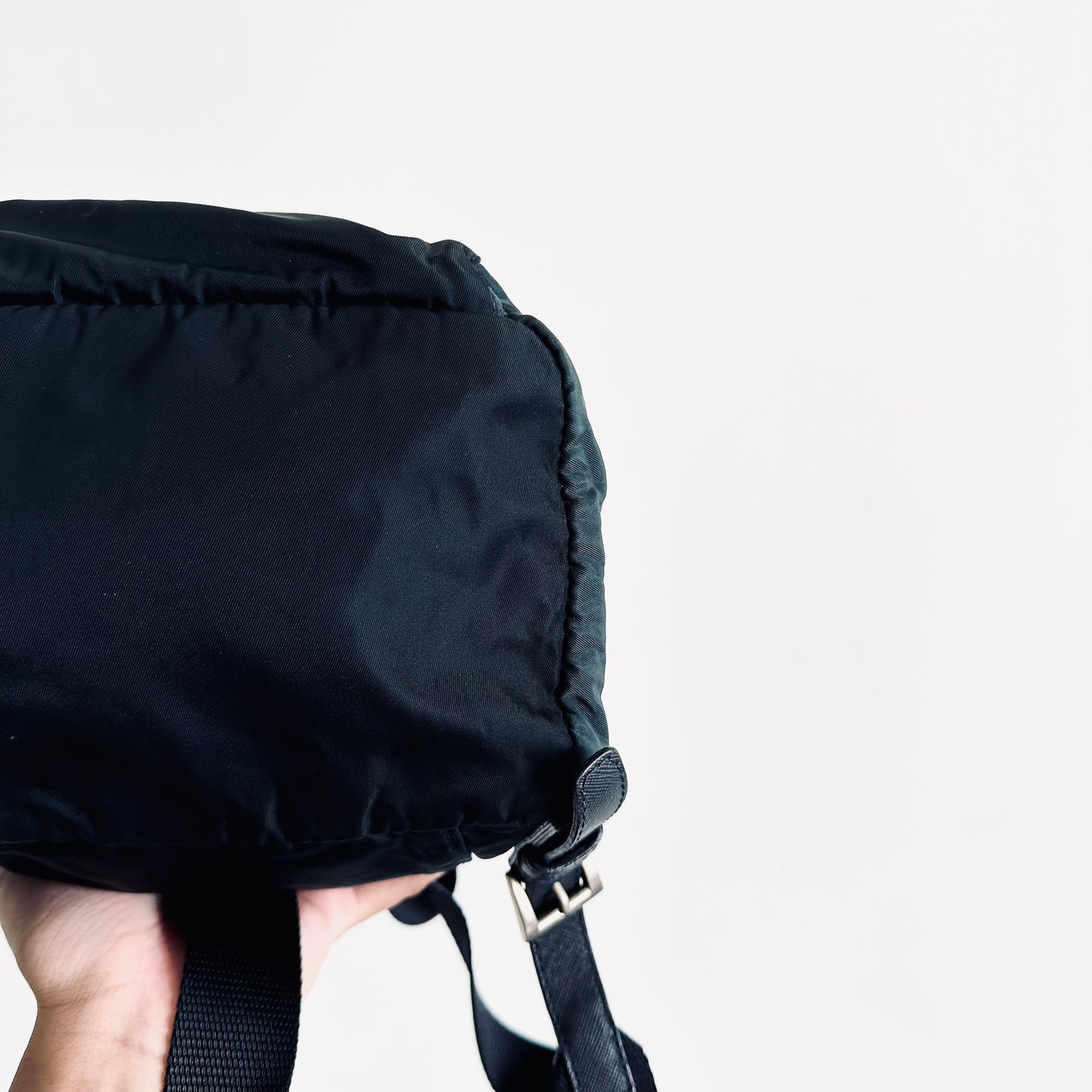 Prada Navy Blue Tessuto Small Classic Logo Nylon & Leather Backpack Drawstring Bag