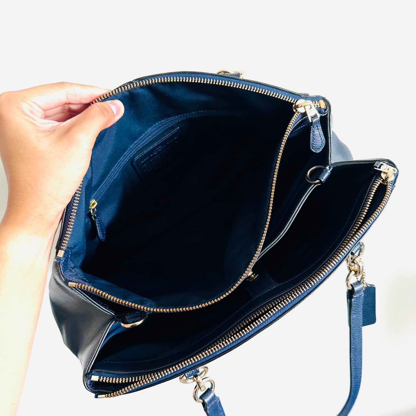 Coach Navy Blue GHW Christie Satchel Carryall 2-Way Top Handle Shoulder Sling Crossgrain Leather Tote Bag