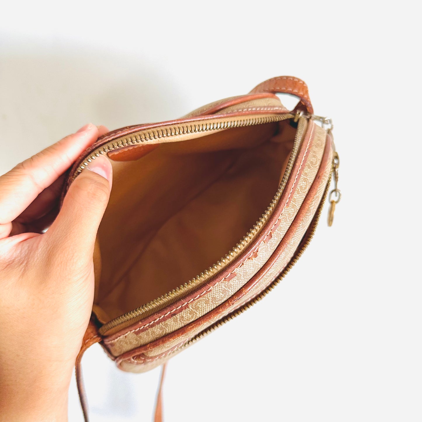 Celine Beige Triomphe Macadam Monogram Logo Oval Half Moon Vintage Shoulder Sling Bag