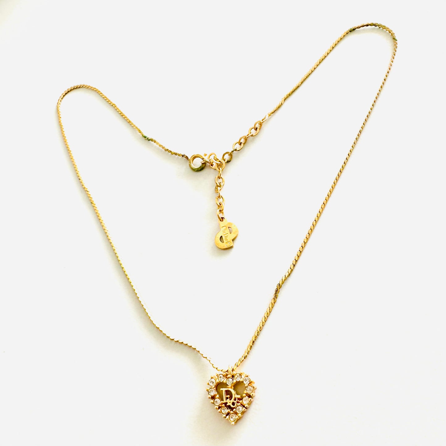 Christian Dior CD Monogram Logo Signature Gold Classic Heart & Crystals Vintage Necklace
