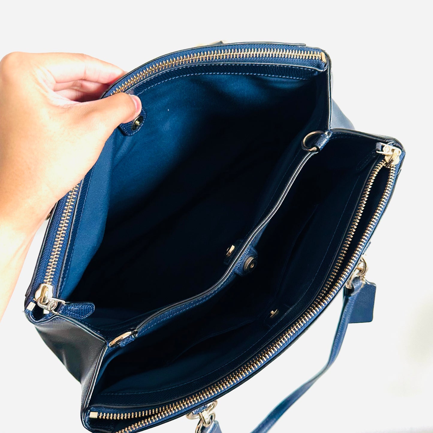 Coach Navy Blue GHW Christie Satchel Carryall 2-Way Top Handle Shoulder Sling Crossgrain Leather Tote Bag