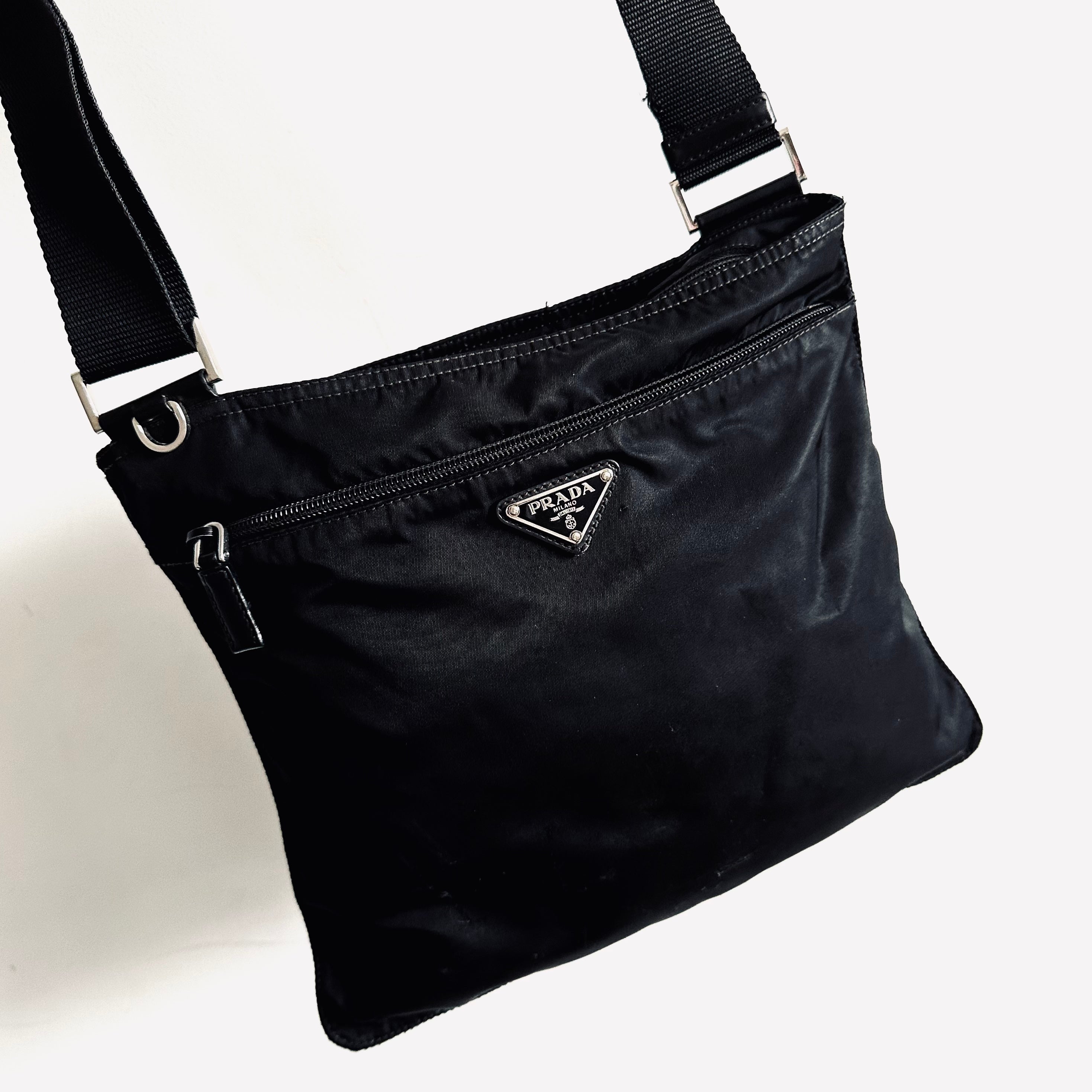 Prada Black Tessuto Logo Classic Nylon Utility Zip Shoulder Sling