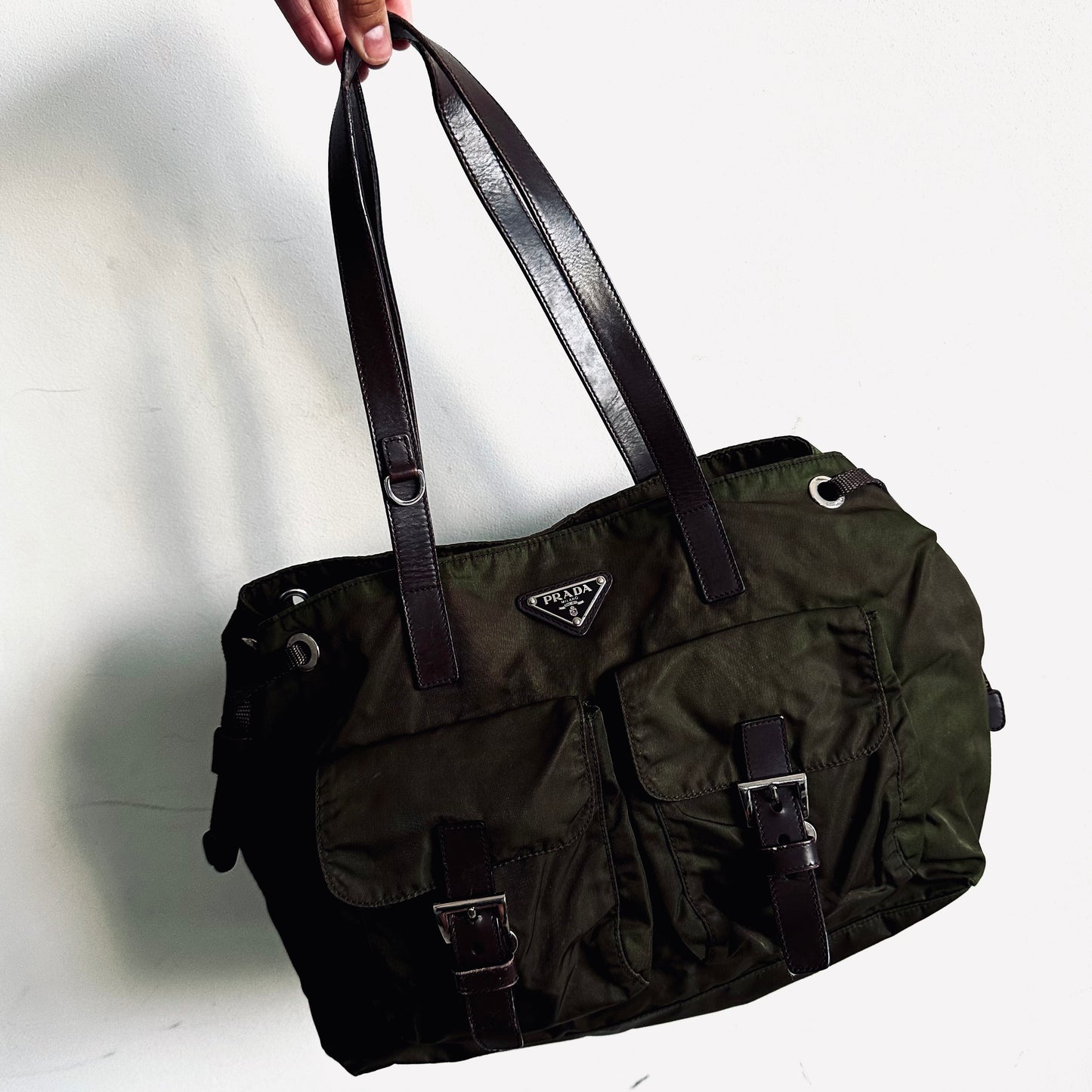 Prada Tessuto Dark Khaki Green Classic Logo Nylon & Leather Utility Shoulder Tote Bag